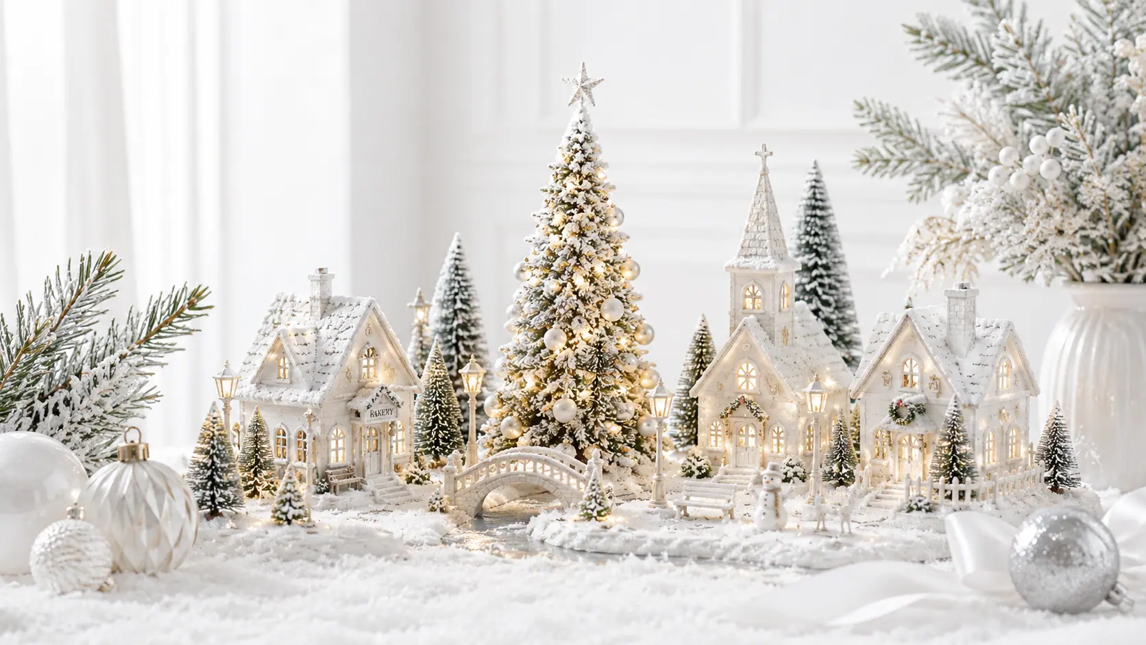 Snowy Christmas village with an illuminated Christmas tree