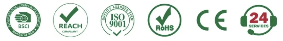 BSCI, REACH, ISO 9001, RoHS and CE compliance marks