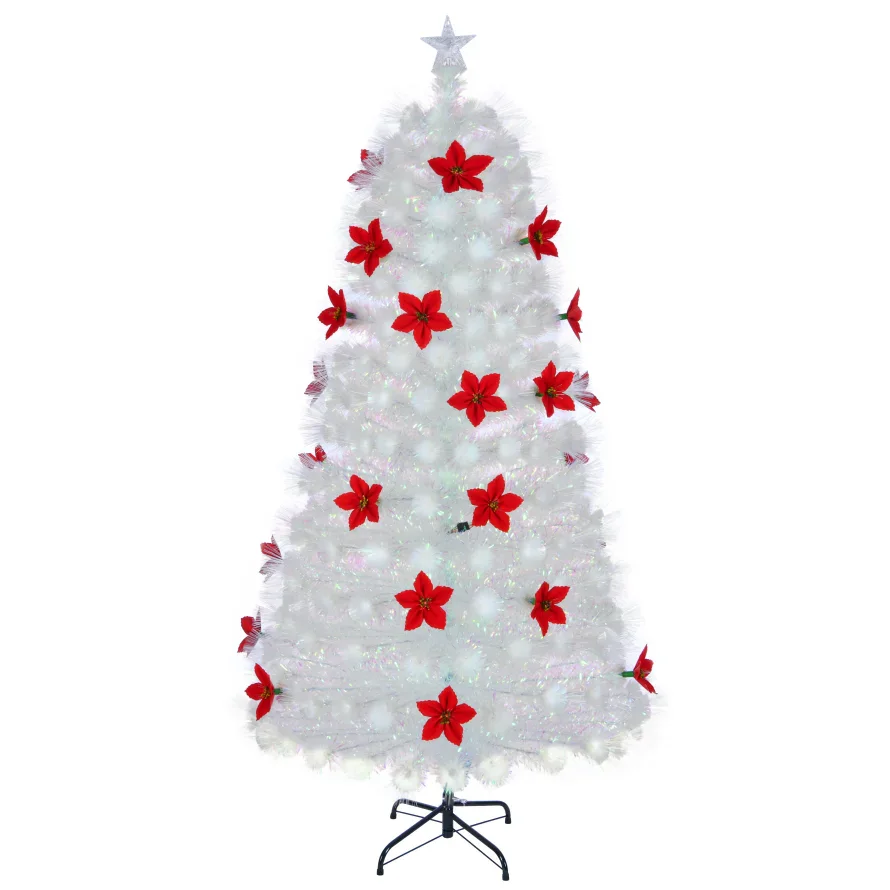 White Optical Fiber Christmas Tree With Red Flower Decor