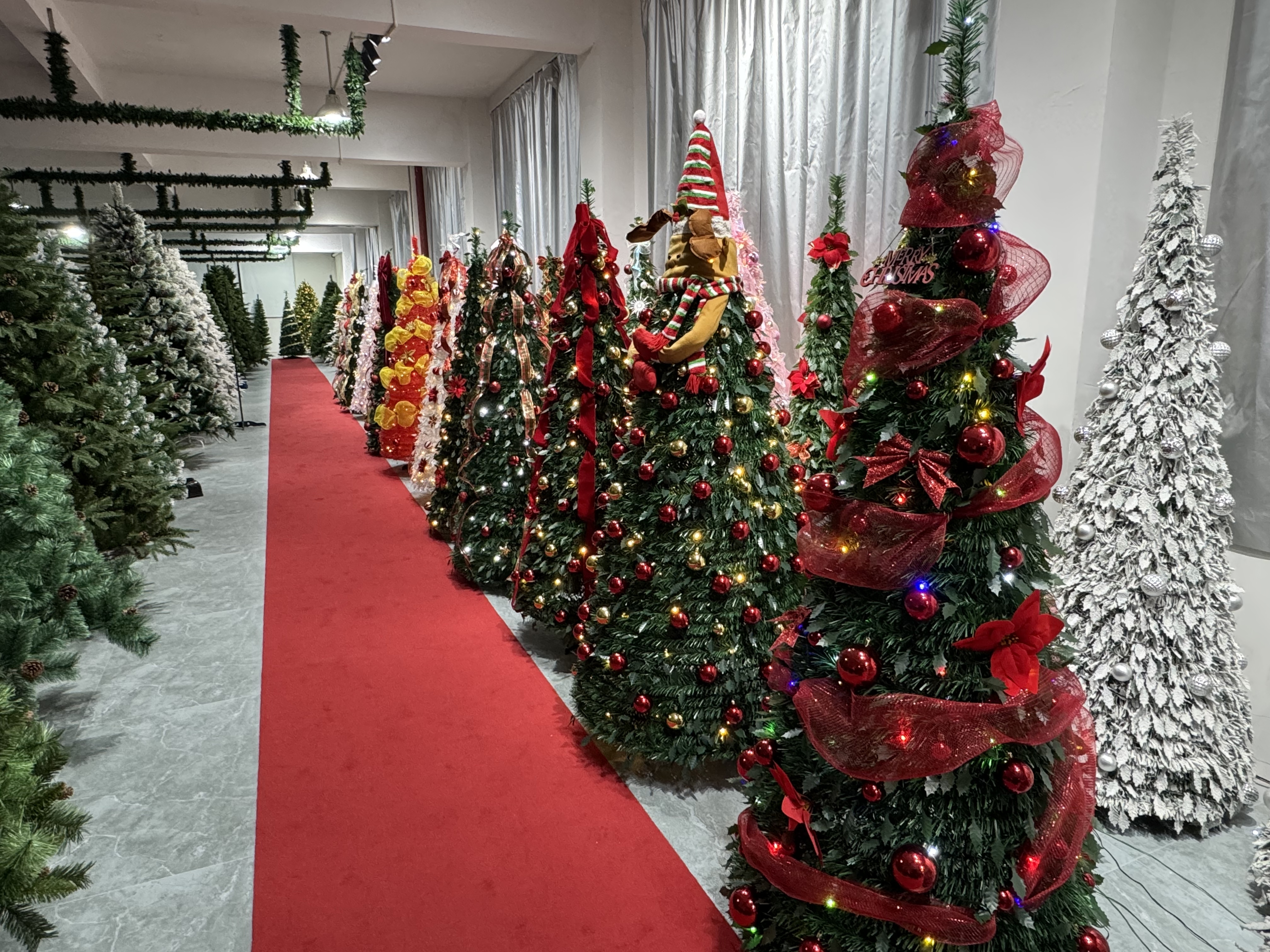 A showroom lineup of decorated green, red and silver Christmas trees.