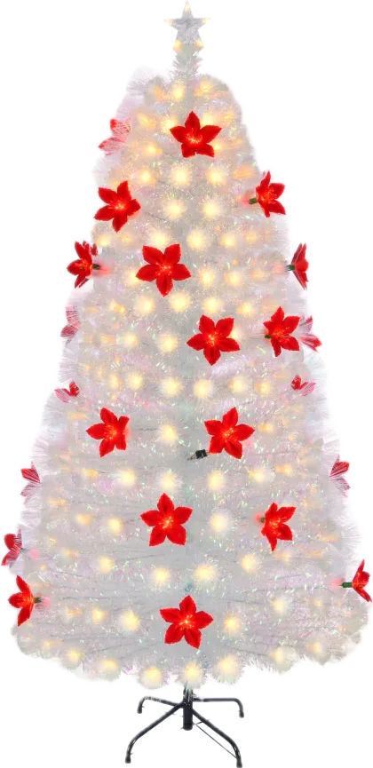 White Optical Fiber Christmas Tree With Red Flower Decor