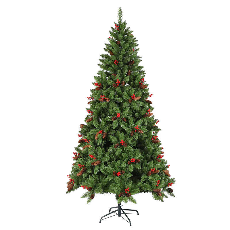 210cm Pointy PVC Hinged Christmas Tree with Pine Cones